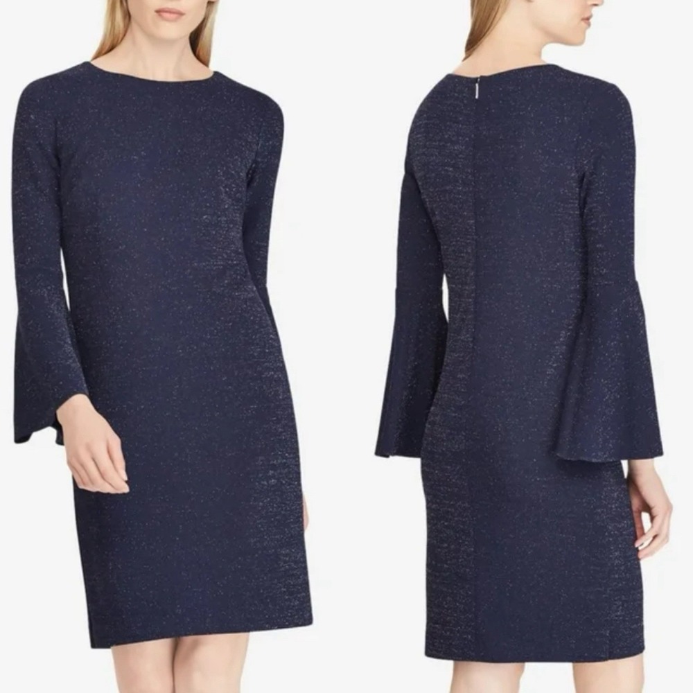 Lauren Ralph Lauren Blue Metallic Bell Sleeve Sheath Dress Holiday Career‎ 8